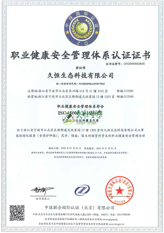 武汉青山职业健康安全管理体系ISO45001证书